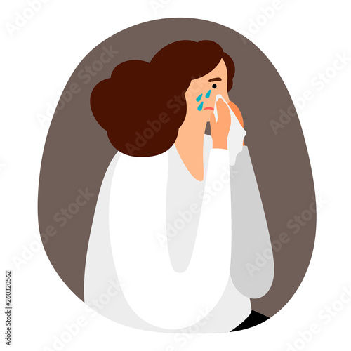 Upset woman is crying vector illustration. Influenza, allergy or sadness concept. Woman upset and depression, person sad