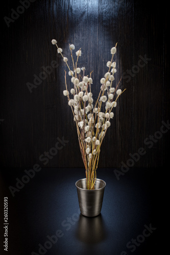 A bouquet of fluffy willow branches (Salix gracilistyla) in the metal-bucket cup
