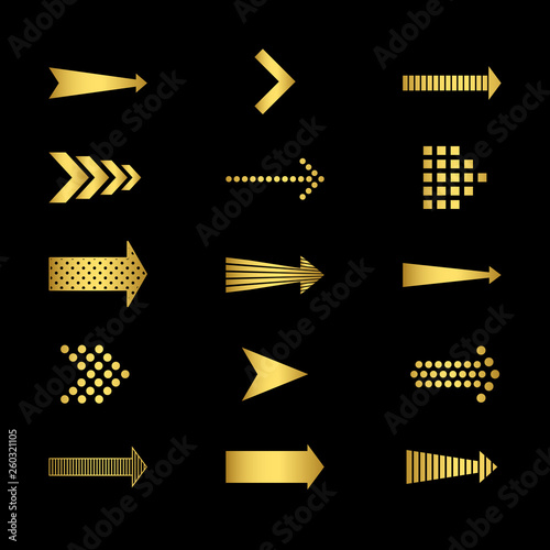 Golden arrows icons on black background vector set. Illustration of arrow symbol gold colored