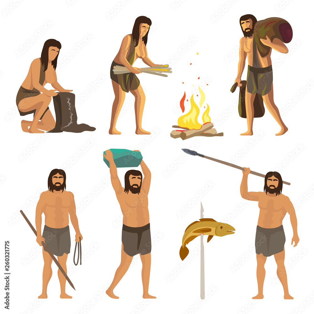 Stone age people isolated on white background. Ancient, primitive men and  women with tools and fire. Vector neanderthal and primitive character  illustration Stock Vector | Adobe Stock