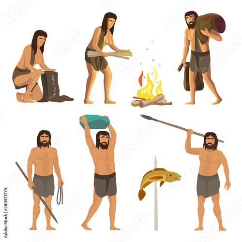 Stone age people isolated on white background. Ancient, primitive men and women with tools and fire. Vector neanderthal and primitive character illustration
