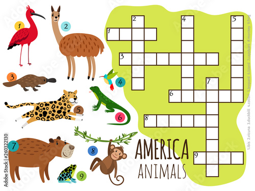 America animals set kids crossword vector illustration. Monkey and llama, frog and platypus