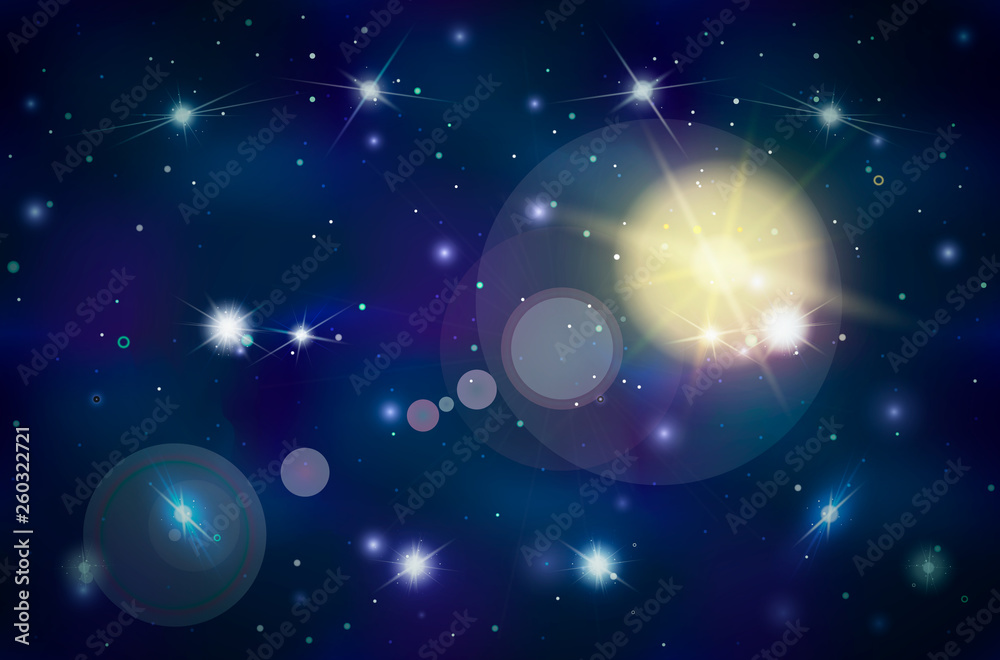 Wide deep space background with bright stars and lens flare