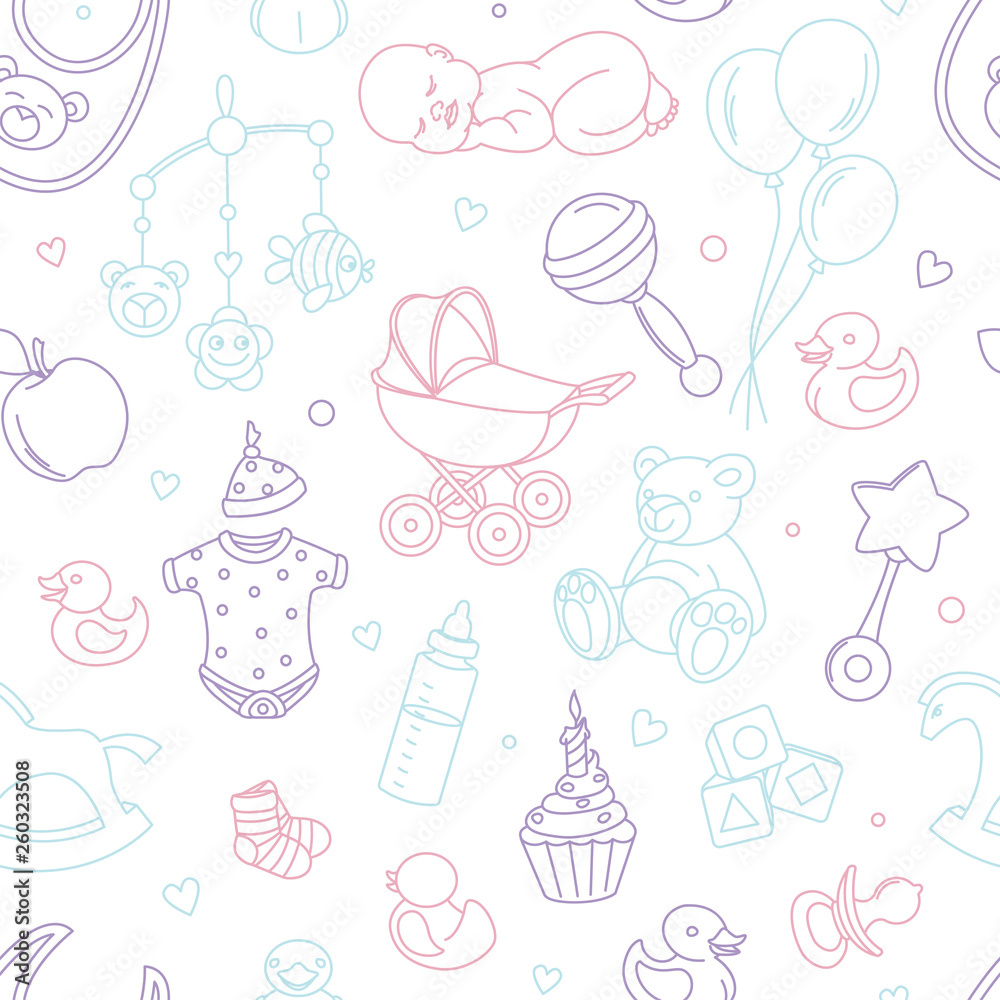Newborn baby shower nursery seamless pattern thin line doodle cartoon Newborn baby shower nursery seamless pattern thin line doodle cartoon