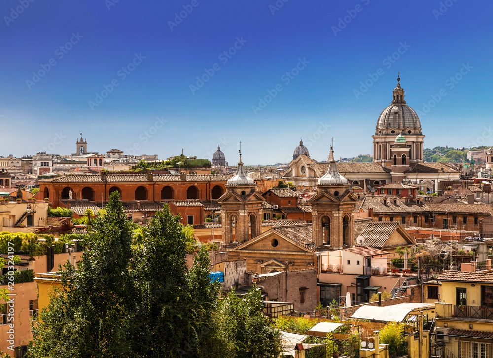The domes and rooftops of the eternal city, the view from the Spanish steps. Rome, Italy