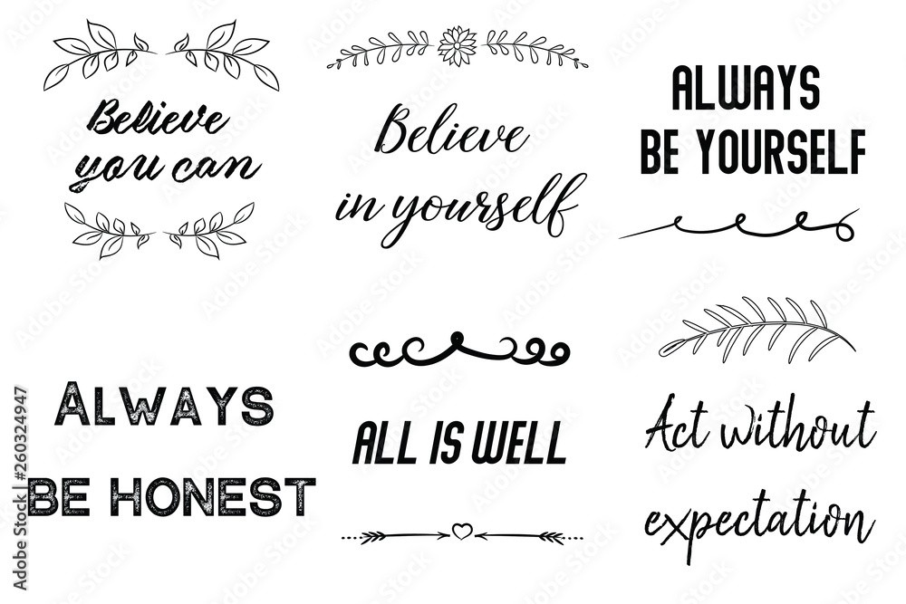 Set of Calligraphy saying for print. Motivation Inspiring Positive Vector Quotes for every day. Ready to post in social media, brochure, magazine.