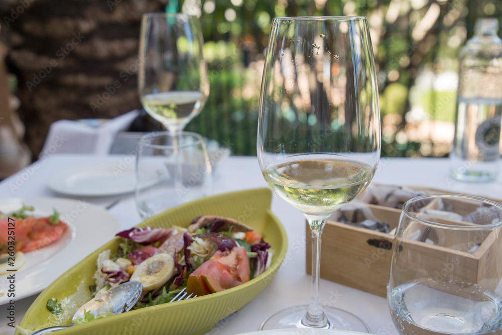 Mediterranean salad on green plate with glasses of white wine on table in garden