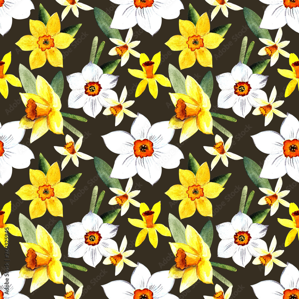 Seamless pattern with narcissus and leaves watercolor illustration on dark background