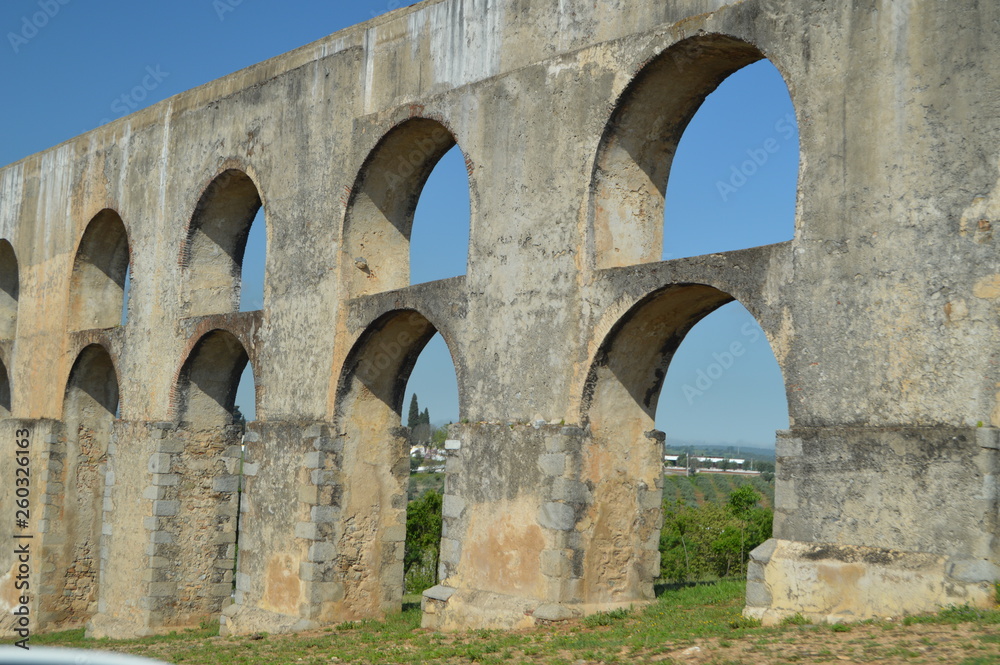 Roman Aqueduct of Amoreira Reconstructed Between the 16th and 17th centuries In Elvas. Nature, Architecture, History, Street Photography. April 11, 2014. Elvas, Portoalegre, Portugal.