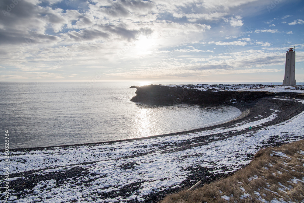 Winter landscape from The Malarrif Lighthouse at Sanaefells peninsule West of Iceland