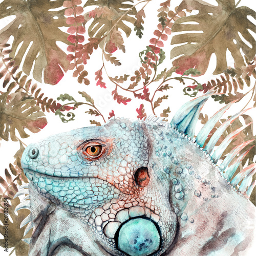 watercolor drawing of animal - iguana with flowers