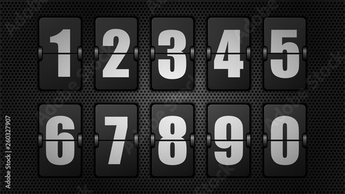 Flip Clock Numbers on Perforated Metal. Set of Digits 0-9 for Split-Flap Display. Retro Mechanical Counter, Vector.