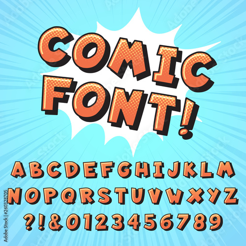 Retro comic book font. Super hero comics letters, vintage cartoon heroes fonts and pop art comics alphabet vector illustration
