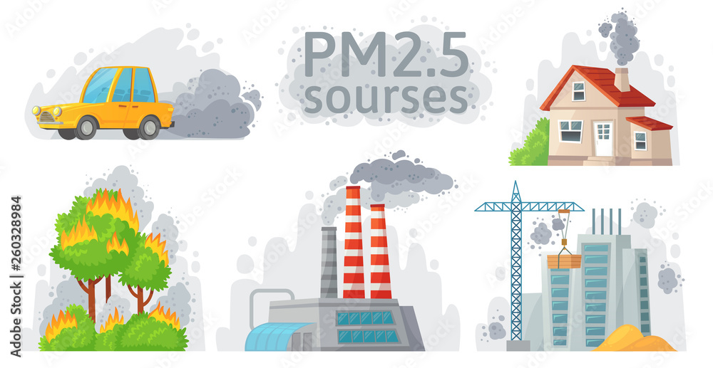 Air pollution source. PM 2.5 dust, dirty environment and polluted air sources infographic vector illustration