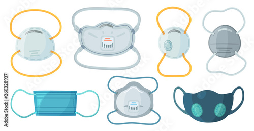 Safety breathing masks. Industrial safety N95 mask, dust protection respirator and breathing medical respiratory mask vector set photo