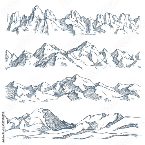 Mountains landscape engraving. Vintage hand drawn sketch of hiking or climbing on mountain. Nature highlands vector illustration