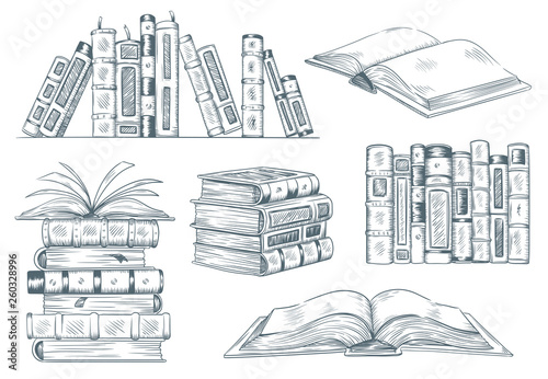 Books engraving. Vintage open book engrave sketch drawn. Hand drawing student reading textbook vector illustration