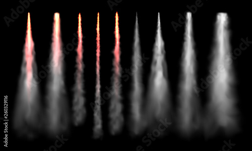 Rockets tracks. Space rocket launch smoke  plane jets track and aircraft smoke cloud realistic vector set