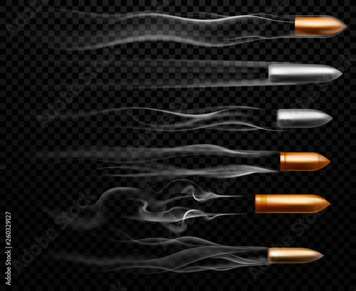 Flying bullet traces. Shooting military bullets smoke trace, handgun shoot trails and realistic shoot trail vector illustration set