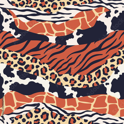 Mixed animal skin print. Safari textures mix, leopard, zebra and tiger skins patterns. Luxury animals texture seamless vector pattern
