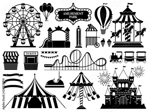 Amusement park silhouette. Carnival parks carousel attraction, fun rollercoaster and ferris wheel attractions vector icons set