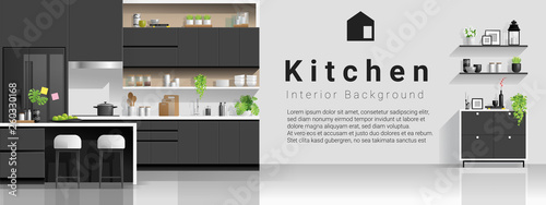 Interior background with modern black and white kitchen , vector , illustration
