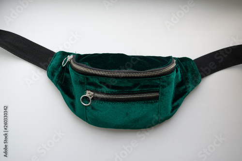 Trendy fashionable green emerald velvet belt bag