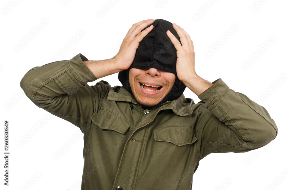 Criminal wearing mask isolated on white Criminal wearing mask isolated on white