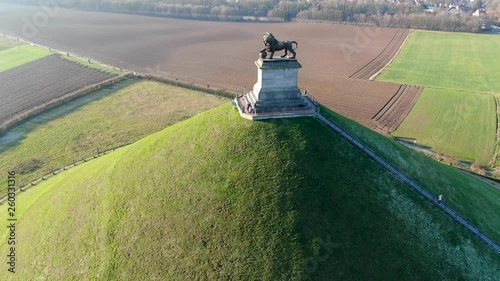 Aerial view of The Lion's Mound with farm land around.  The immense Butte Du Lion on the battlefield of Waterloo where Napoleon died. Belgium. 