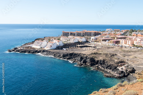 Beautiful seascape landscape and holiday apartments along the coast of El Medano, Costa del Silencio, Tenerife, Spain. © Studio F.