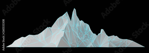 Polygon image of mountain peaks with a glowing backlit 3D illustration