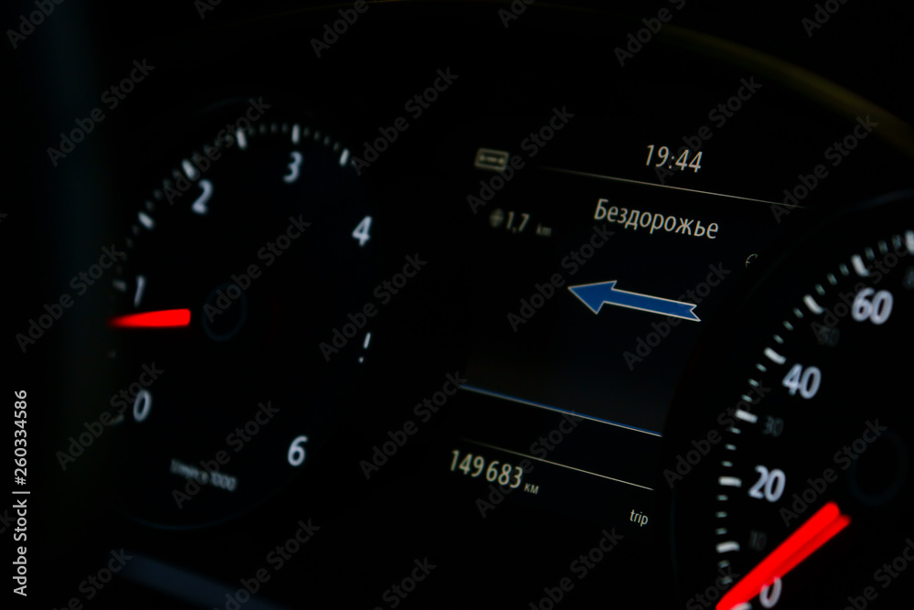 Car dashboard, speed indicators and tachometer