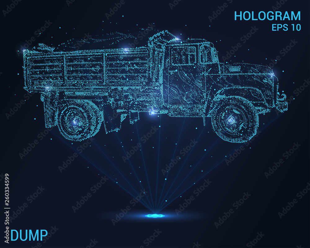 Dump truck hologram. Holographic projection of dump truck. Flickering energy flux of particles. The scientific design of the truck.