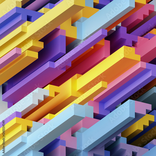 3D Fototapete Schwarze - Fototapete 3d render, abstract neon geometric background, cube shapes, modern voxel wallpaper