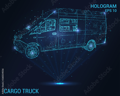 Cargo truck hologram. Holographic projection of a cargo truck. Flickering energy flux of particles. Scientific design of cargo transportation.