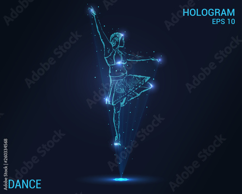 Dance hologram. Holographic projection of a ballerina. Flickering energy flux of particles. The scientific design of the dance girls.