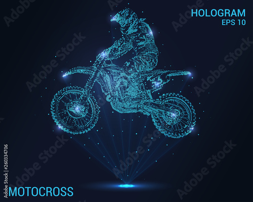 Motocross hologram. The rider from particles. Flickering energy flux of particles. Research design and Motorsport.