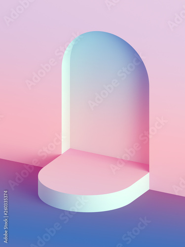 3d render, abstract geometric background, art deco shop display in pastel colors, fashion podium, blank mock up template, minimalistic empty showcase, primitive arch shapes, niche © wacomka