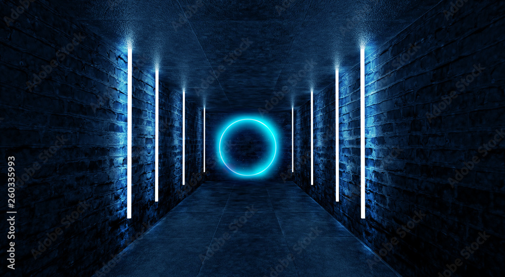 Abstract tunnel, corridor with rays of blue light and neon highlights ...