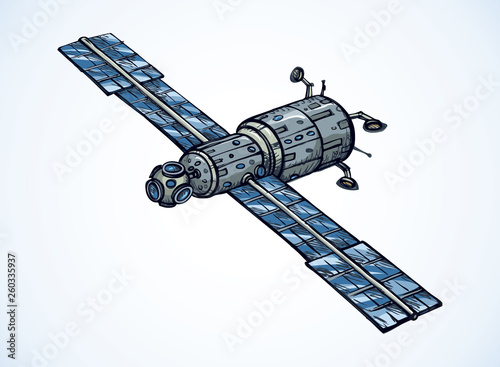 Satellite with dish antenna. Vector doodle sketch