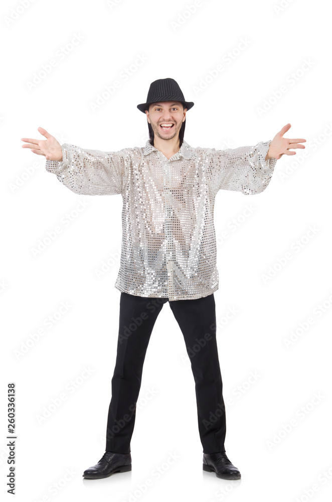 Performer in shiny costume isolated on white Performer in shiny costume isolated on white