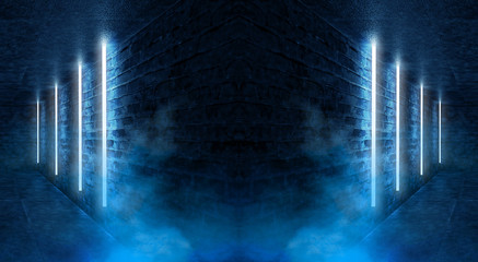 Abstract tunnel, corridor with rays of blue light and neon highlights. Abstract blue background, neon. Empty dark room with rays and lines. Brick walls, concrete floor. Night view. 3D illustration.