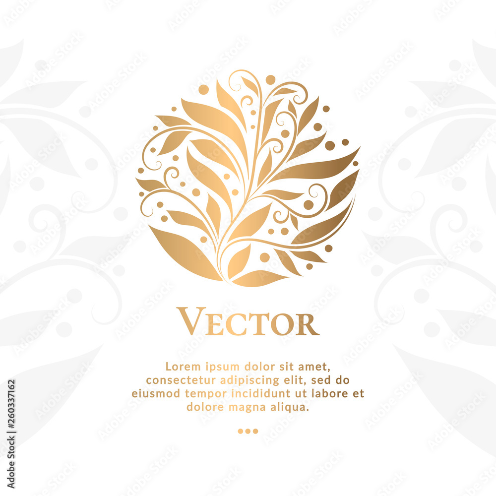 Golden leaf emblem. Elegant, classic vector. Can be used for jewelry, beauty and fashion industry. Great for logo, monogram, invitation, flyer, menu, brochure, background, or any desired idea.