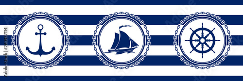 Banner with Sea Emblems on Seamless Striped Marine Background, Anchor and Sailing Vessel and Ship's Wheel , Vector Illustration