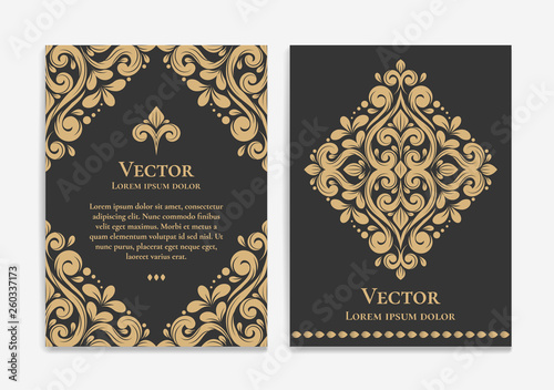 Gold and black luxury invitation card design. Vintage ornament template. Can be used for background and wallpaper. Elegant and classic vector elements great for decoration.