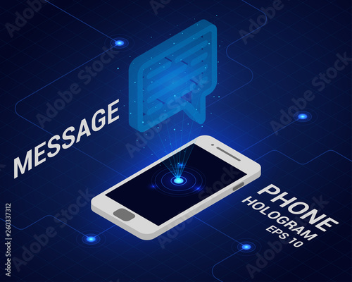 Hologram message. Phone in isometric view. A hologram message in the isometric. Banner message phone icon.