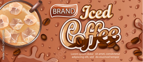 Iced coffee banner with splashing drink, ice cubes and cinnamon, coffee beans and apteitic drops for brand, logo, template, label, emblem,store and packaging,advertising, poster.Top view,vector