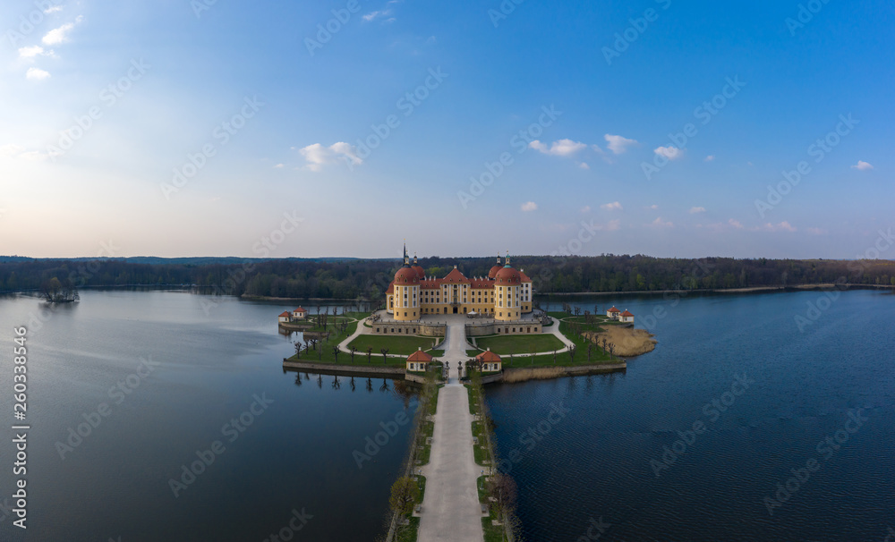 Photo showing Moritzburg Castle in Saxony, Germany. Photo taken from a drone at the Golden Hour.