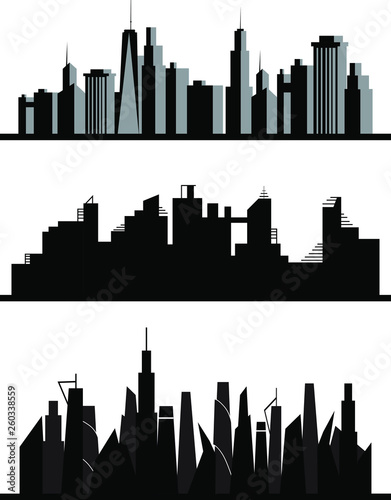 Set of vector silhouettes of modern architecture town in black. Modern urban cityscape with skyskrapers  buildings  houses. Gla and concrete architecture.