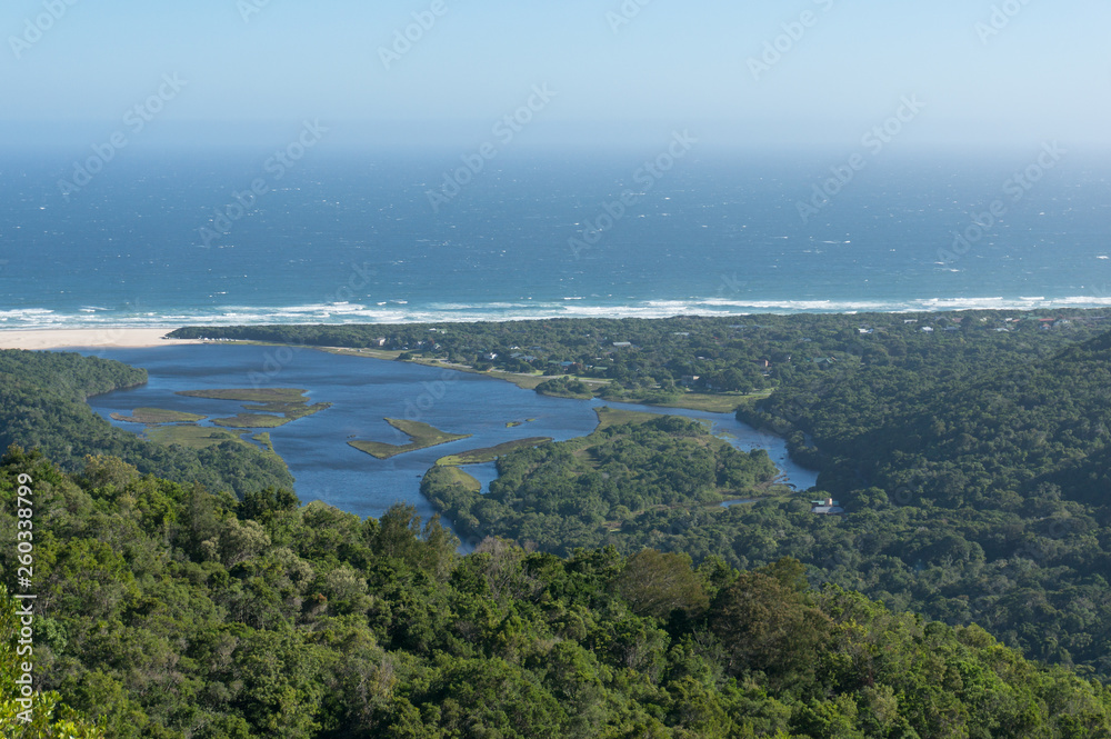 Aerial view of ocean and lagoon in Natures Valley, South Africa